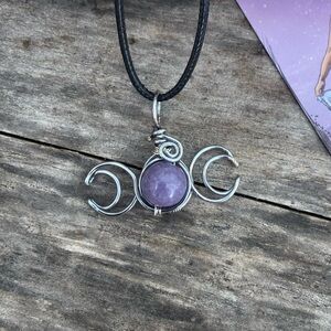 Wire Wrapped Purple Angelite Triple Moon Goddess Pendant Necklace